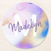 Paarse Waterverf Abstract Girly Luxury Monogram Ronde Kartonnen Onderzetter (Voorkant)