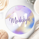 Paarse Waterverf Abstract Girly Luxury Monogram Ronde Kartonnen Onderzetter<br><div class="desc">Pas deze glamoureuze stijl abstracte lila waterverf eenvoudig aan met uw eigen details.</div>