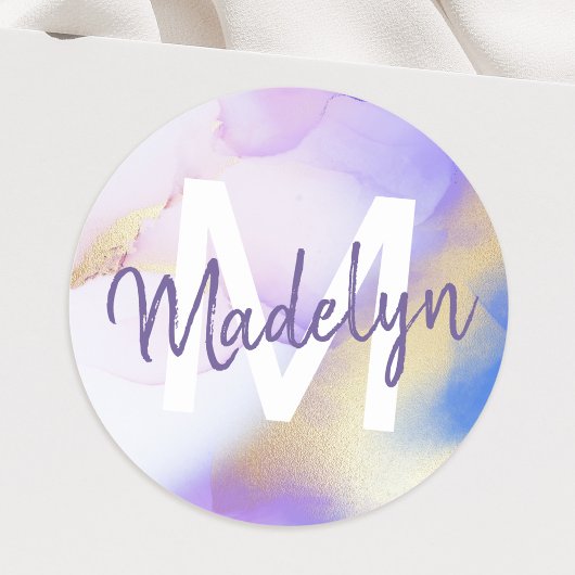 Paarse Waterverf Abstract Girly Luxury Monogram Ronde Sticker