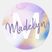 Paarse Waterverf Abstract Girly Luxury Monogram Ronde Sticker (Voorkant)