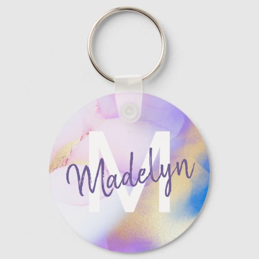 Paarse Waterverf Abstract Girly Luxury Monogram Sleutelhanger (Voorkant)