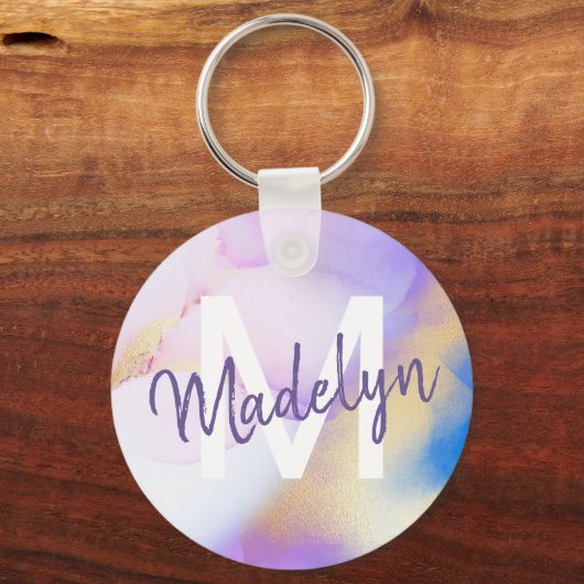 Paarse Waterverf Abstract Girly Luxury Monogram Sleutelhanger (Voorkant)