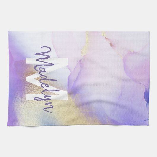 Paarse Waterverf Abstract Girly Luxury Monogram Theedoek (Horizontaal)