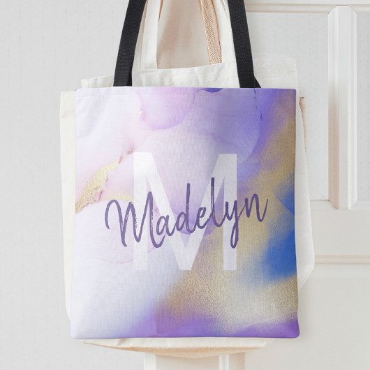 Paarse Waterverf Abstract Girly Luxury Monogram Tote Bag