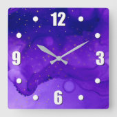Paarse Waterverf Abstract met Gold Glitter Stars Vierkante Klok (Voorkant)