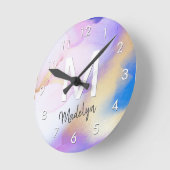 Paarse Waterverf Abstracte Girly Luxe Monogram Ronde Klok (Hoek)