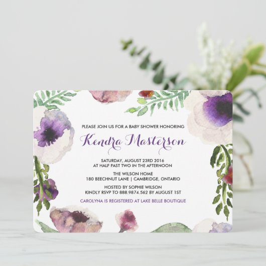 Paarse Waterverf Anemone Baby shower Kaart (Staand voorkant)