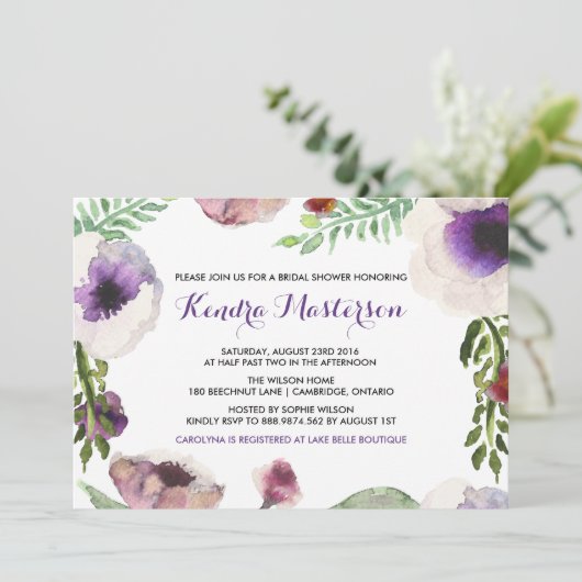 Paarse Waterverf Anemone Bridal Shower Kaart (Staand voorkant)