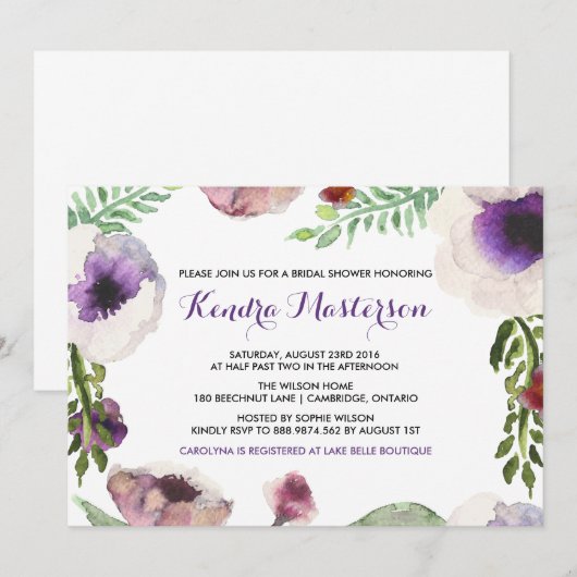 Paarse Waterverf Anemone Bridal Shower Kaart (Voorkant / Achterkant)