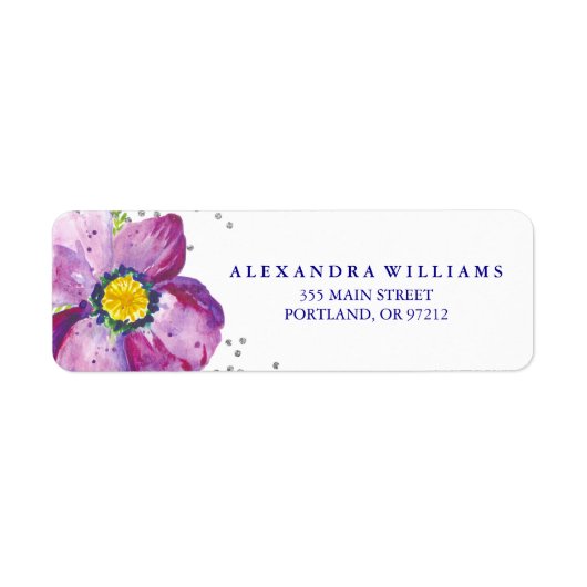 Paarse Waterverf Anemone Flower Silver Glitter Etiket (Voorkant)