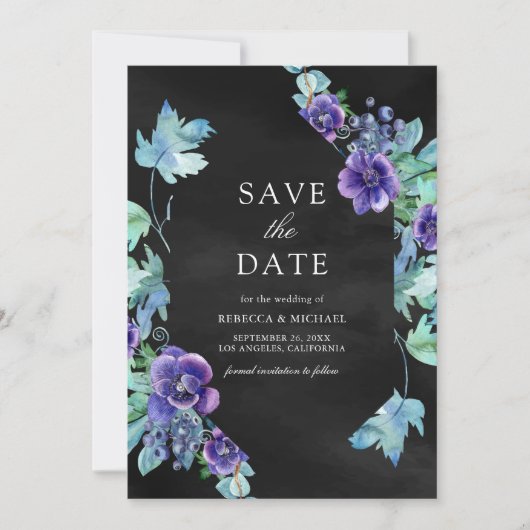 Paarse Waterverf Anemonen Black Wedding Save The Date (Voorkant)