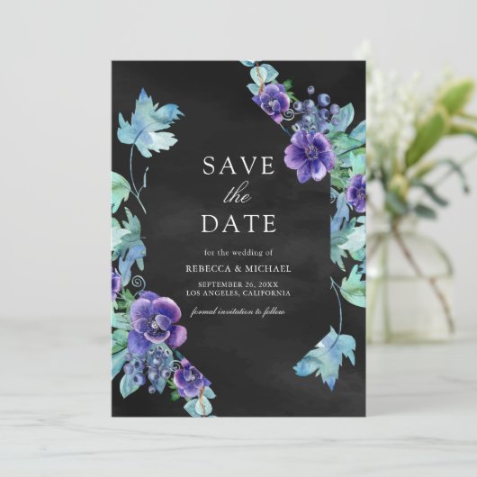 Paarse Waterverf Anemonen Black Wedding Save The Date (Staand voorkant)