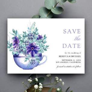 Paarse Waterverf Anemonen Tea Cup Wedding Save The Date