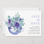 Paarse Waterverf Anemonen Tea Cup Wedding Save The Date (Voorkant)