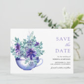 Paarse Waterverf Anemonen Tea Cup Wedding Save The Date (Staand voorkant)