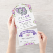 Paarse Waterverf Baby shower met olifanten All In One Uitnodiging (Afscheurbaar)