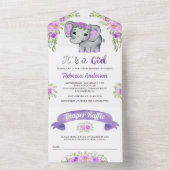 Paarse Waterverf Baby shower met olifanten All In One Uitnodiging (Binnen)