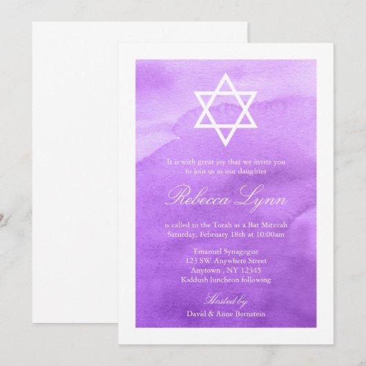 Paarse Waterverf Bat Mitzvah Uitnodigingen (Voorkant / Achterkant)