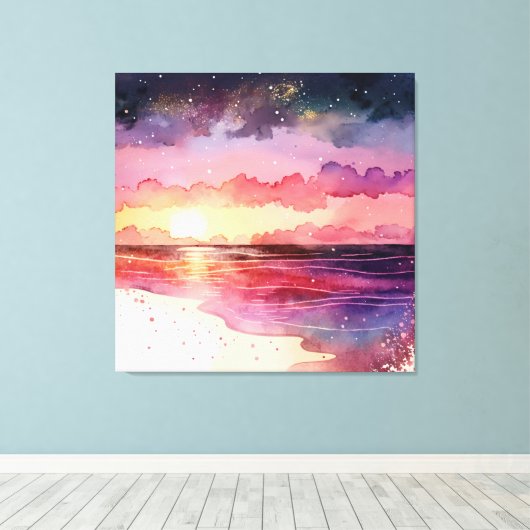 Paarse Waterverf Beach Sunset Canvas Afdruk (Insitu (Houten vloer))