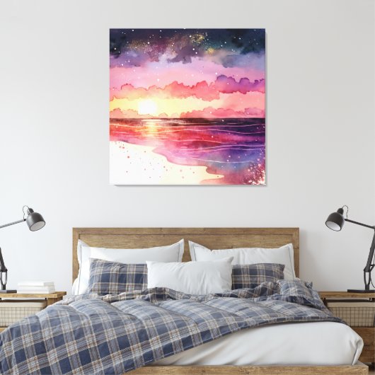 Paarse Waterverf Beach Sunset Canvas Afdruk (Insitu (Slaapkamer))