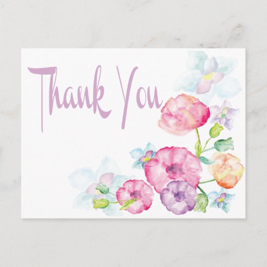 Paarse Waterverf Bedankt Roze & Paarse Bloem Briefkaart (Voorkant)