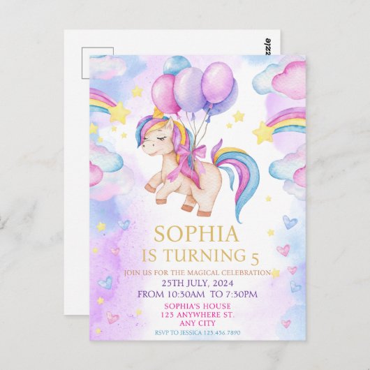 Paarse Waterverf Birthday, Magische Unicorns Briefkaart (Voorkant / Achterkant)