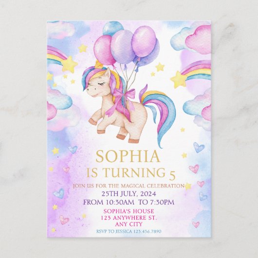 Paarse Waterverf Birthday, Magische Unicorns Briefkaart (Voorkant)