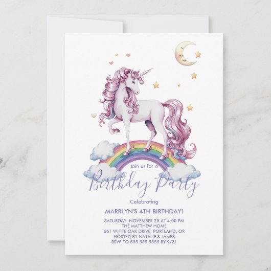 Paarse Waterverf Birthday, Magische Unicorns Kaart (Voorkant)
