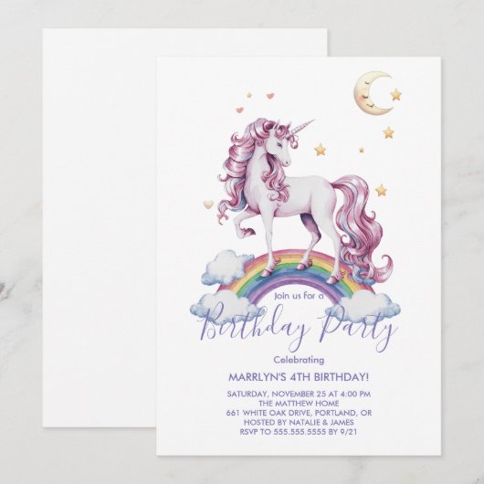 Paarse Waterverf Birthday, Magische Unicorns Kaart (Voorkant / Achterkant)