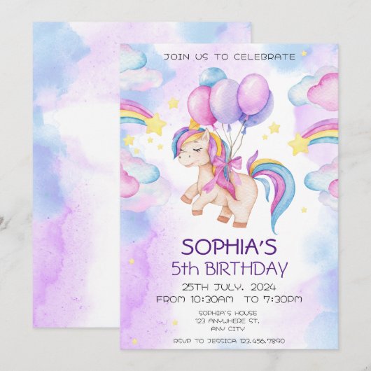 Paarse Waterverf Birthday, Magische Unicorns Kaart (Voorkant / Achterkant)