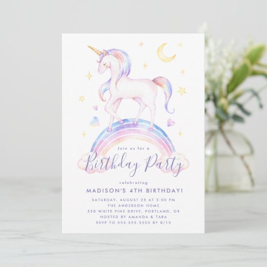 Paarse Waterverf Birthday, Magische Unicorns Kaart (Staand voorkant)