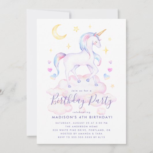 Paarse Waterverf Birthday, Magische Unicorns Kaart (Voorkant)