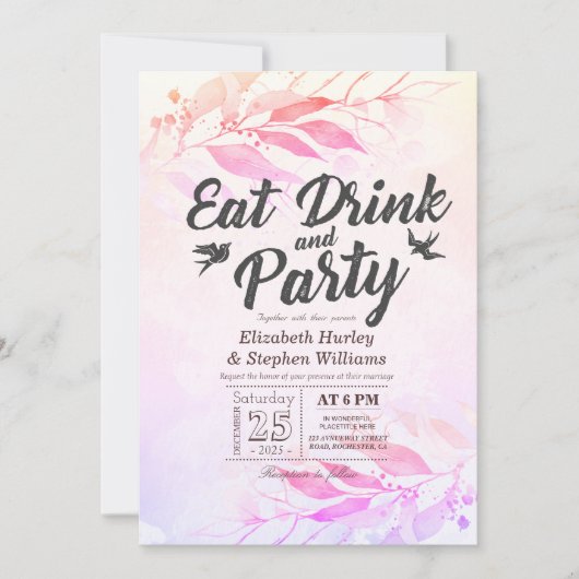 Paarse Waterverf Bladeren EAT Drink & Feest Huweli Kaart (Voorkant)