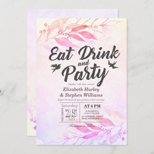 Paarse Waterverf Bladeren EAT Drink & Feest Huweli Kaart (Voorkant / Achterkant)