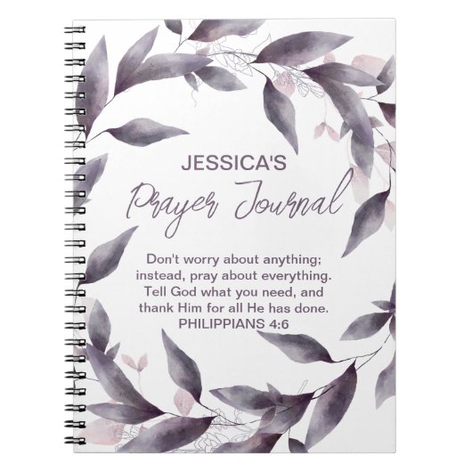 Paarse Waterverf bladeren Gepersonaliseerd gebedsj Notitieboek (Voorkant)