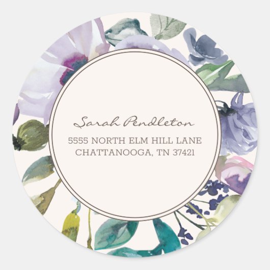 Paarse Waterverf Bloem Boho Adres Ronde Sticker (Voorkant)