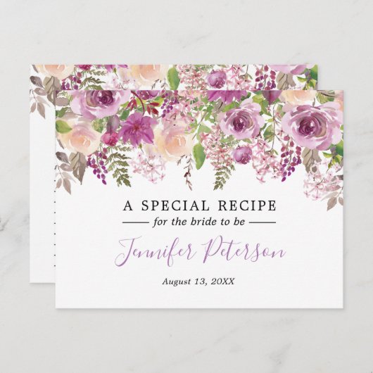 Paarse Waterverf Bloem Bruids Bruiloft Recept Kaar Briefkaart (Voorkant / Achterkant)