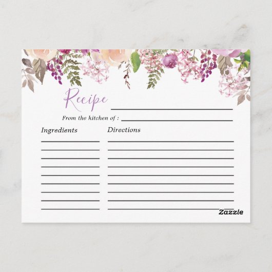 Paarse Waterverf Bloem Bruids Bruiloft Recept Kaar Briefkaart (Achterkant)