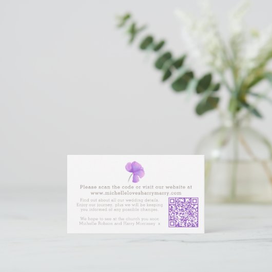 Paarse waterverf bloem bruiloft QR-informatie Informatiekaartje (Staand voorkant)