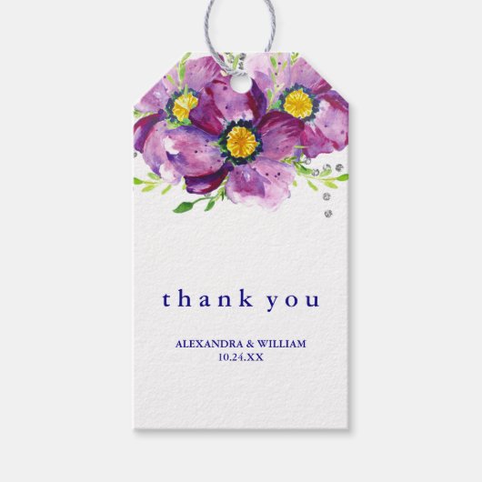 Paarse Waterverf Bloem en Glitter Bruiloft Cadeaulabel (Voorkant)