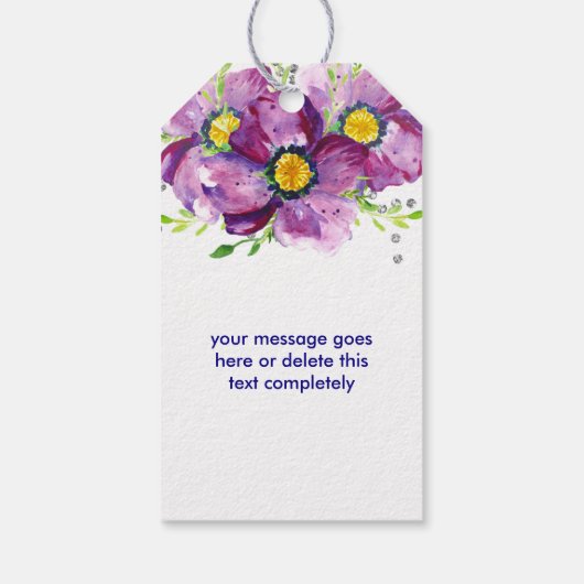 Paarse Waterverf Bloem en Glitter Bruiloft Cadeaulabel (Achterkant)