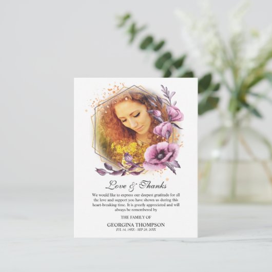 Paarse Waterverf Bloem Foto Lijst Sympathie Bedankkaart (Staand voorkant)