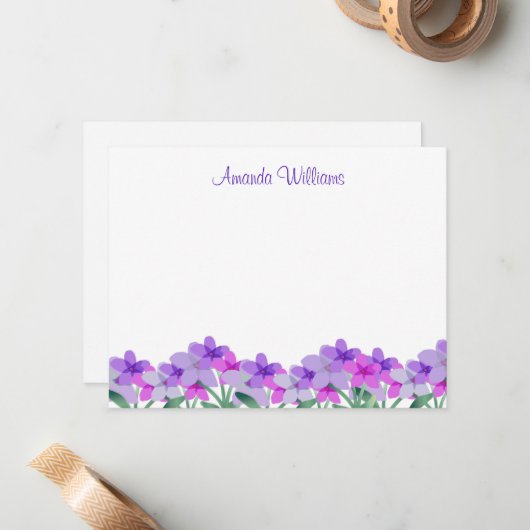 Paarse Waterverf bloem gepersonaliseerd Notitiekaartje (Voorkant / Achterkant in situ)