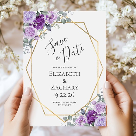 Paarse Waterverf Bloem Gouden Frame Bewaar de Datu Save The Date