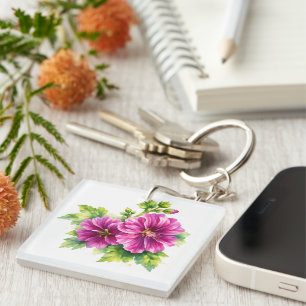 Paarse Waterverf Bloem Illustratie Sleutelhanger