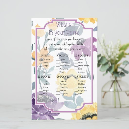 Paarse waterverf bloem Wat zit er in je handtas? (Staand voorkant)