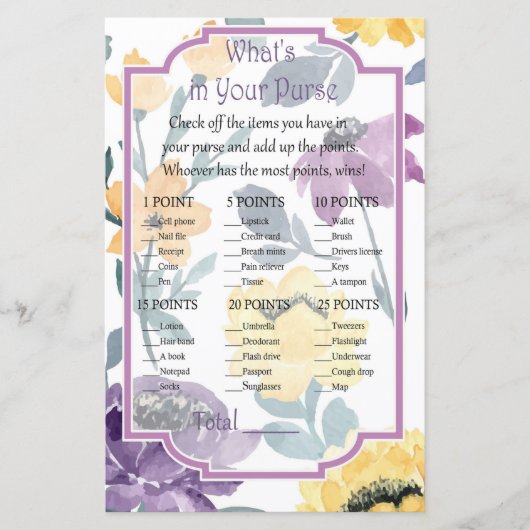 Paarse waterverf bloem Wat zit er in je handtas? (Voorkant)