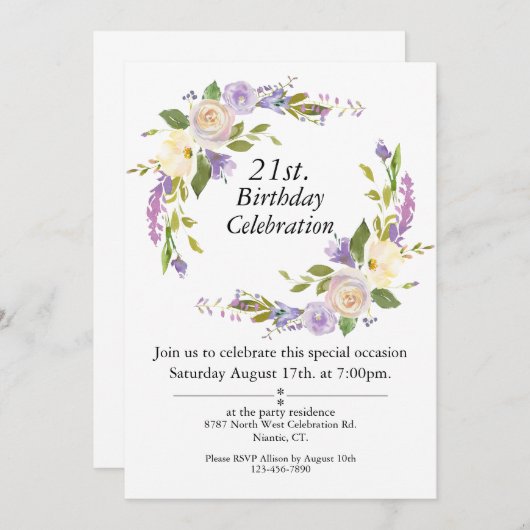 Paarse Waterverf Bloemen  21 Verjaardag Kaart (Voorkant / Achterkant)