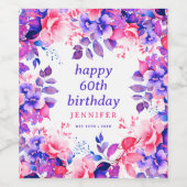 Paarse Waterverf Bloemen 60ste Gelukkige Verjaarda Wijn Etiket (Enkel label)