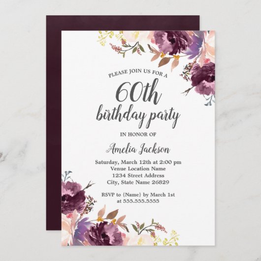 Paarse Waterverf Bloemen 60ste Verjaardagsfeestje Kaart (Voorkant / Achterkant)